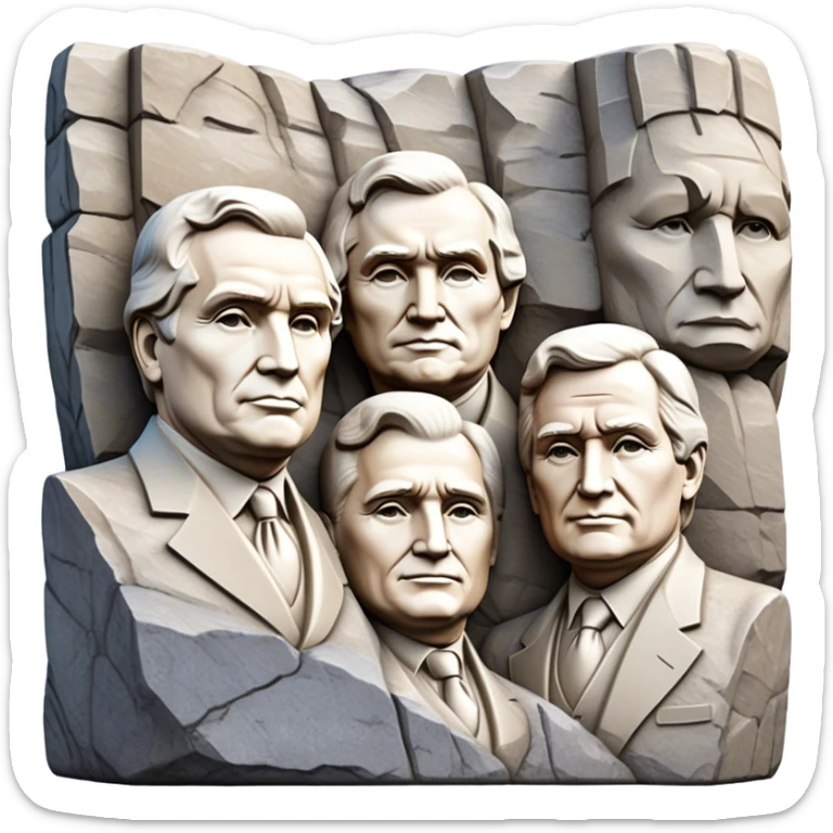 Cinematic Realistic Mount Rushmore Landmark Emoji, featuring the carved faces of four U.S. presidents, etched into the granite mountainside with dramatic lighting accentuating the rock textures. sticker