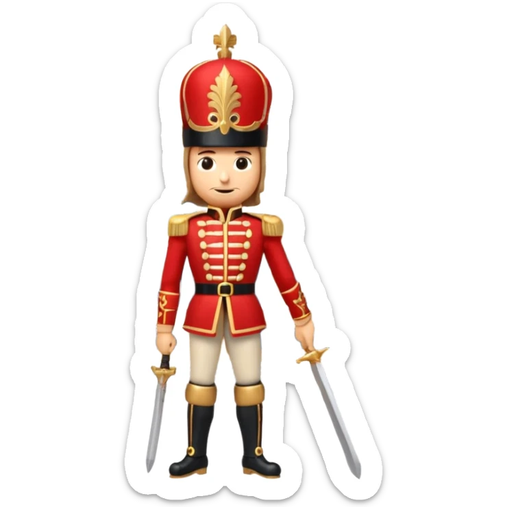 3D emoji of a majestic
Nutcracker soldier standing in front of a stylized Bolshoi Theatre facade. Snowy winter atmosphere, theatrical gold and red colors. High-quality 3D render, glossy plastic and wood textures, isolated on a white background. sticker