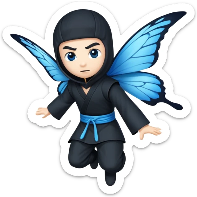 Crea un emoji para usar en WhatsApp con estos dos emoji 🥷🏻🦋.
Ninja vestido de negro con la piel blanca y una mariposa azul posada en su hombro izquierdo como si estuviera volando. sticker