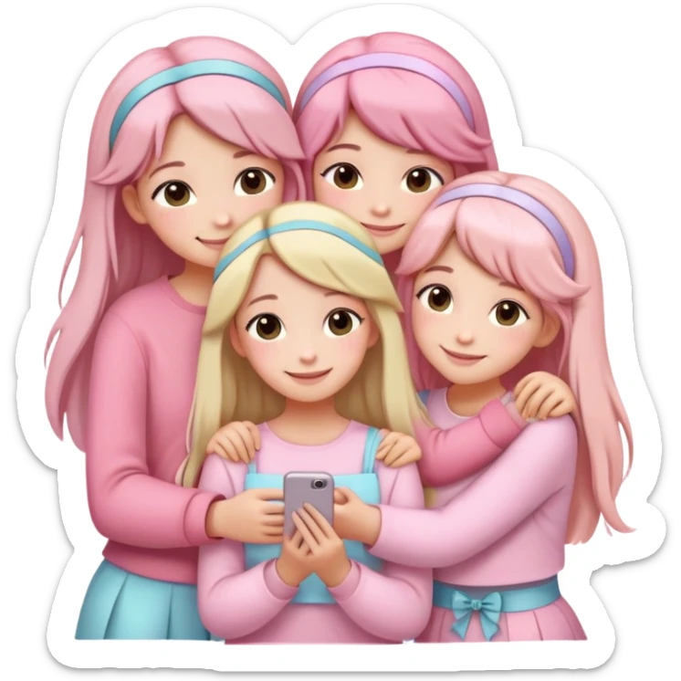 "Four girls hugging each other, all wearing soft pink clothes, two with long hair and two with shoulder-length short hair, smiling, cute iPhone emoji style, with hair accessories like headbands or ribbons, pastel color palette, soft shading, white background" sticker