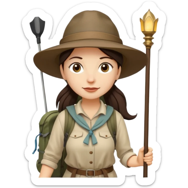 White women, long dark brown hair in ponytail with wide brim hiking hat. Walking with backpack and trekking poles.  She is a pilgrim on the Camino Frances on her way to Santiago de Compostela sticker