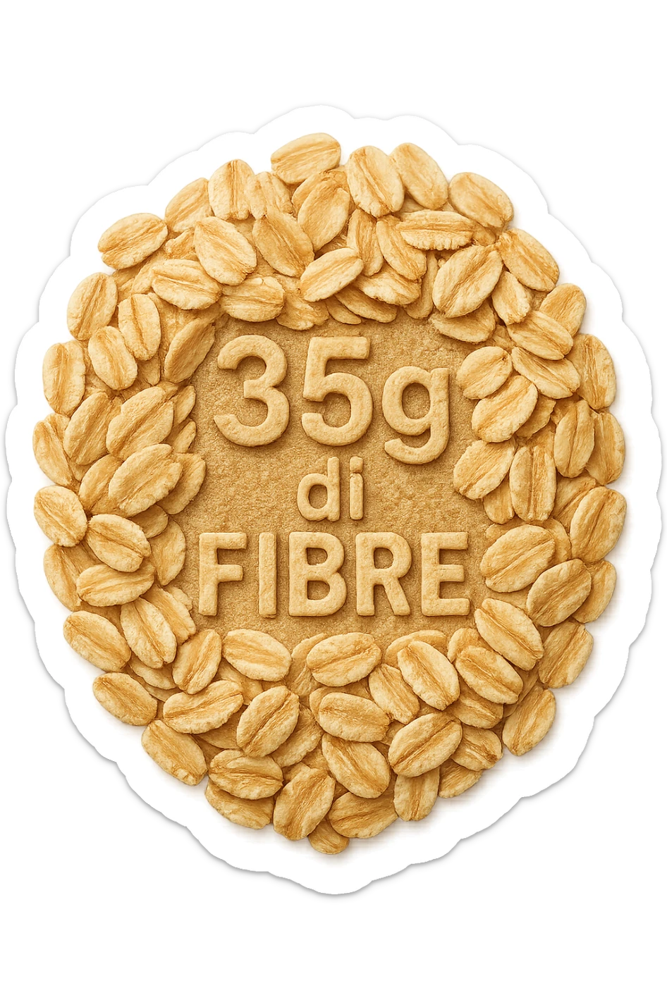 FIOCCHI DI AVENA VISTI DALL'ALTO E LA SCRITTA "35g di FIBRE" IN RILIEVO, IPERREALISTICO 4K sticker