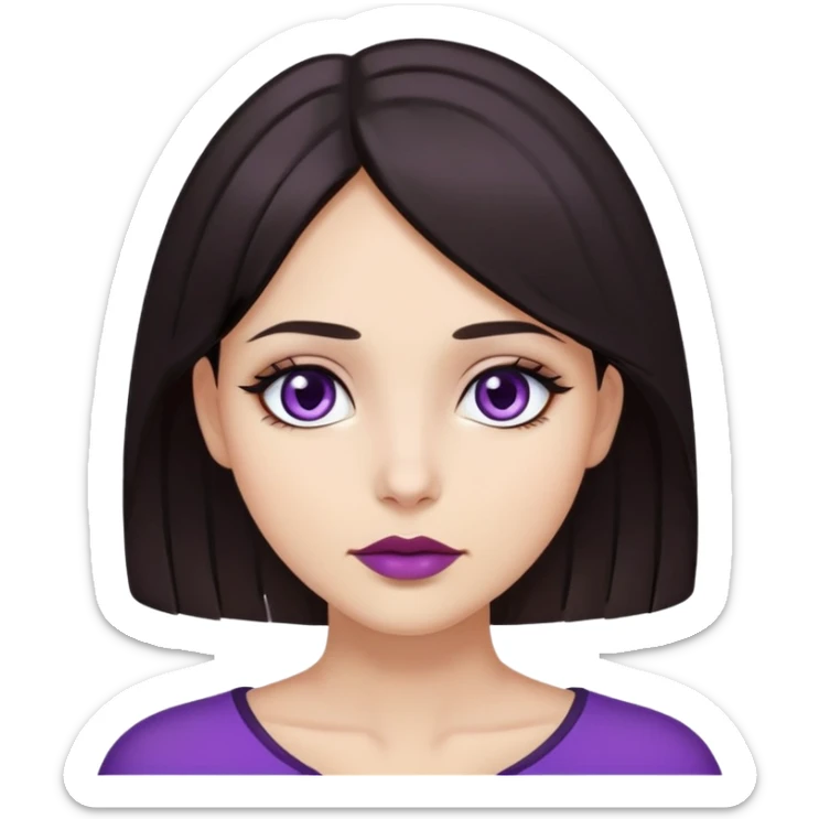 a girl with dark brown hair that is almost black and extends to her neck, dark brown eyes that are almost black, thin lips, and purple under-eye circles.  sticker