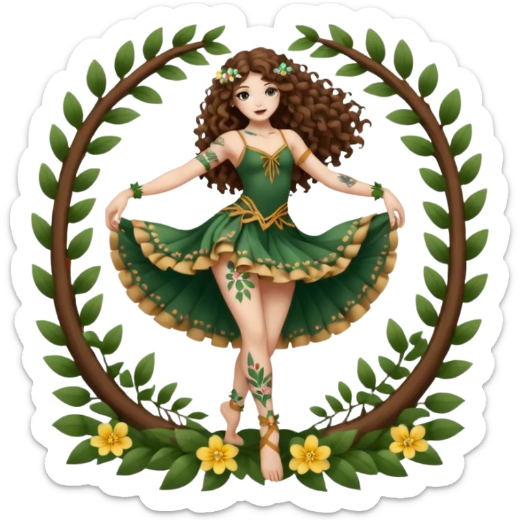 full body woman long curly brown hair brown eyes white skin tattoos forest nymph dancer pose, petal ribbons around legs sticker
