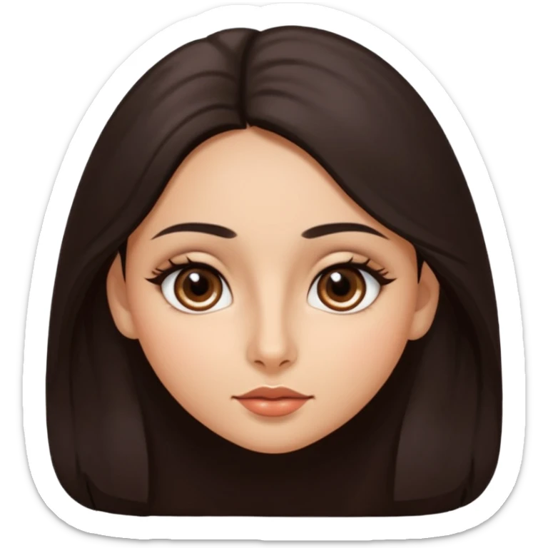 morena, olhos mais rasgados, cabelo liso e comprido, mais volumoso sinal em forma de circulo do lado direito da bochecha, nariz grande e bonito e boca menor sticker