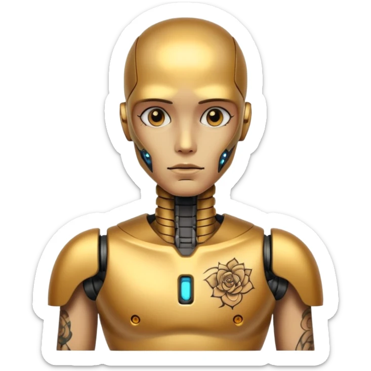 gold Tatooed robot, big many tatooes on chest, neck and face, tatoo on face sticker