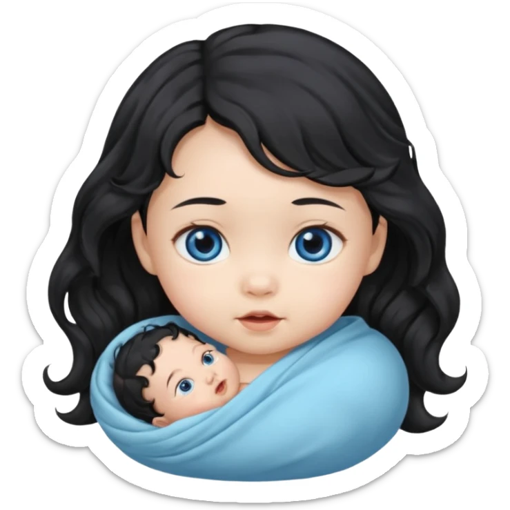 a girl asian newborn baby with black wavvy hair and blue eyes sticker