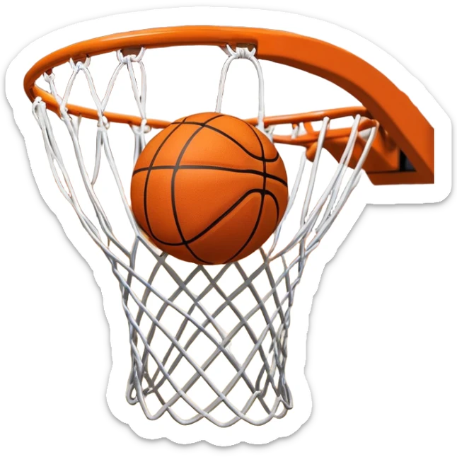 A close-up shot of a basketball entering the hoop, with the ball swishing through the net. The background features a blurred basketball court, emphasizing the perfect shot and the excitement of the game. sticker