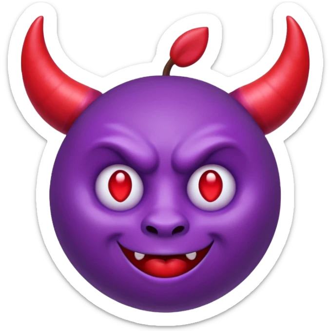 Purple demon emoji with red hearts for eyes, apple emoji, circular head with horns sticker