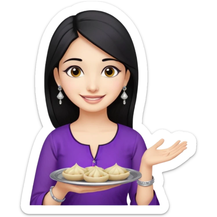 a pretty bratz girl with straight black hair, wearing a purple kurti, silver jhumkas, eyeliner, carrying a plate of momos. No necklace or bindi sticker