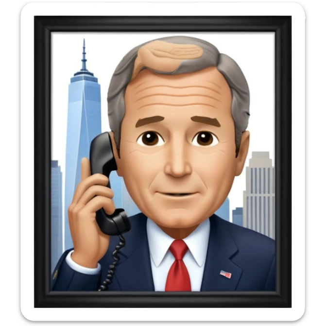  emoji of the world trade center with a plane crashed into it and george bush on a phone in front of them sticker
