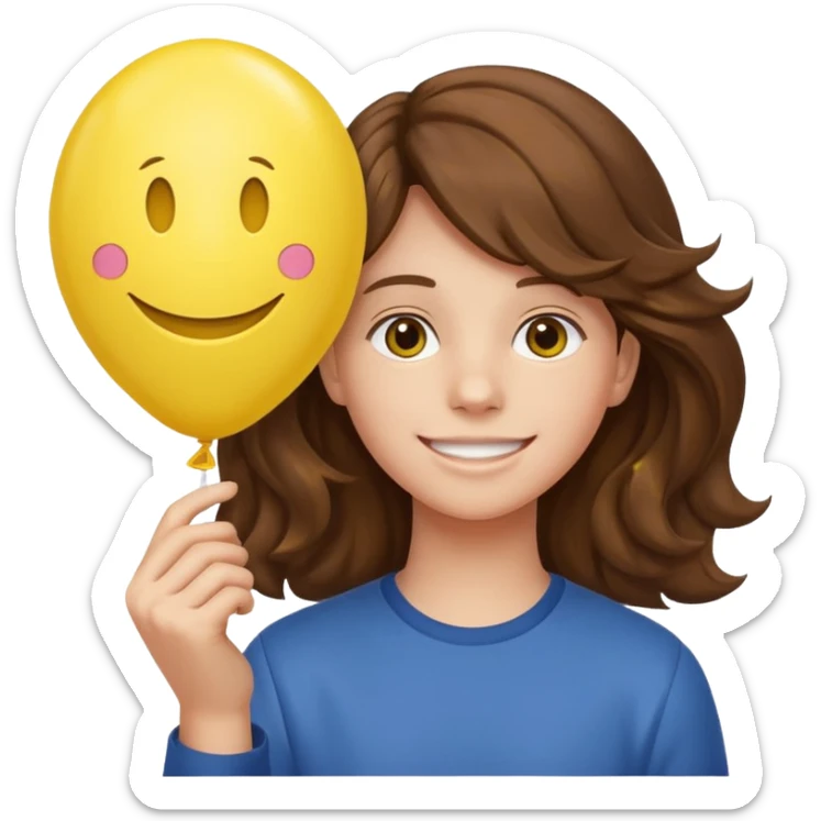 Teen wavy brown hair, with smiley-face balloon sticker