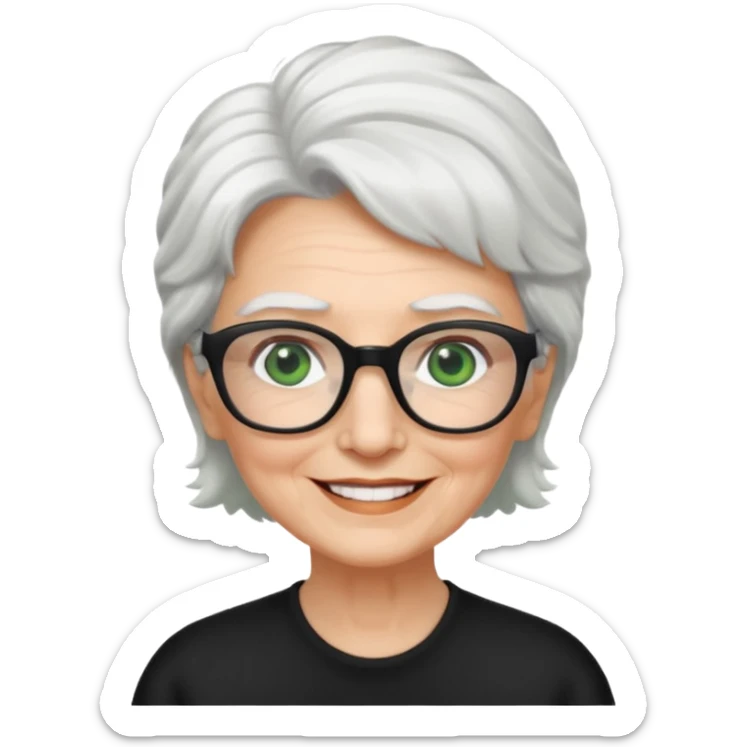 White hair grandma, green eyes, hair to shoulder, lokeg black glasses, rectangles face, smile , sticker