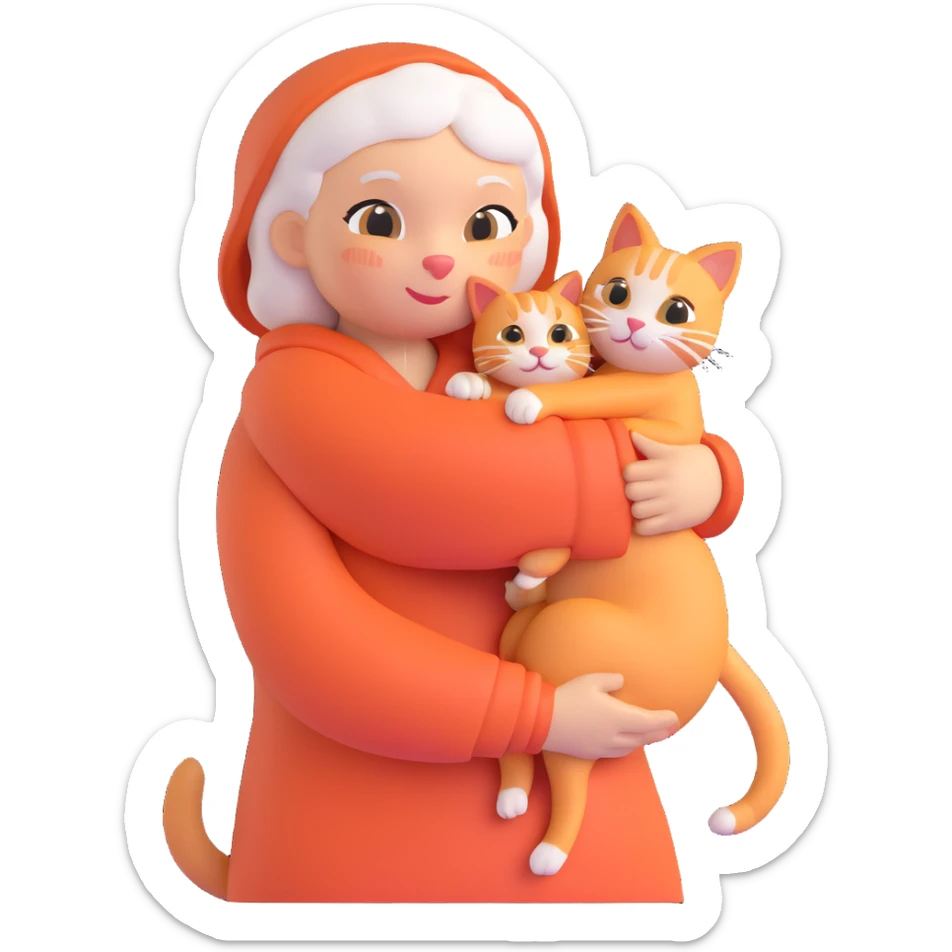 Show only one cat in the grandmother's arms, 3d emoji style, with no background (transparent) sticker