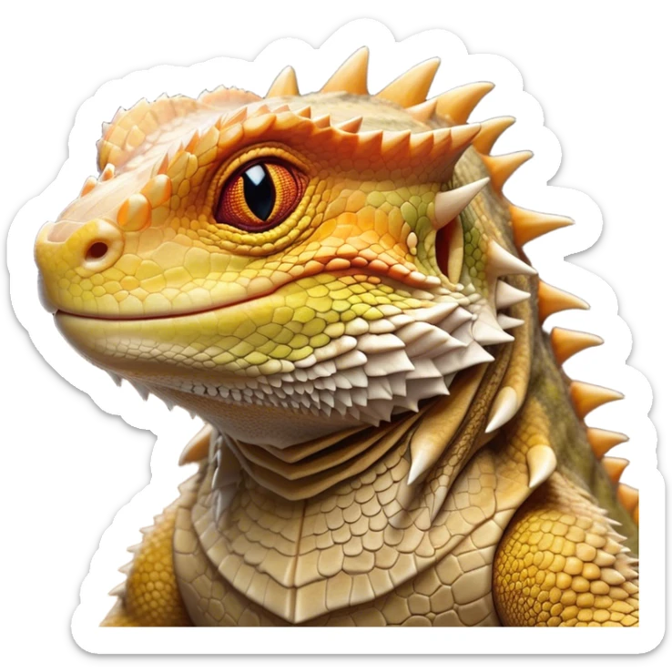 Cinematic Noble Bearded Dragon Portrait Emoji, Poised and regal, with a robust, angular build and a textured, scaled hide in earthy olive and sandy tones, a prominent spiky 'beard' beneath its chin and a keen, alert gaze, Simplified yet sharp and sophisticated features, highly detailed, glowing with a soft, dignified glow, high shine, intelligent and fierce, stylized with an air of desert majesty, focused and attentive, soft glowing outline, capturing the essence of a watchful and commanding reptile, so majestic it feels as though it could scuttle out of the screen with effortless authority! sticker