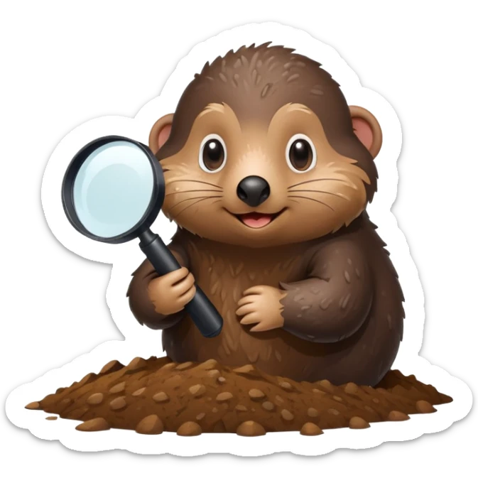 mole with magnifying glass coming out of pile of dirt sticker