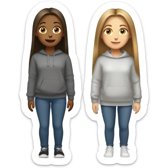 Two girls , one wearing a white sweat shirt with straight light brown hair , and the other wearing a dark grey sweatshirt with straight hair sticker