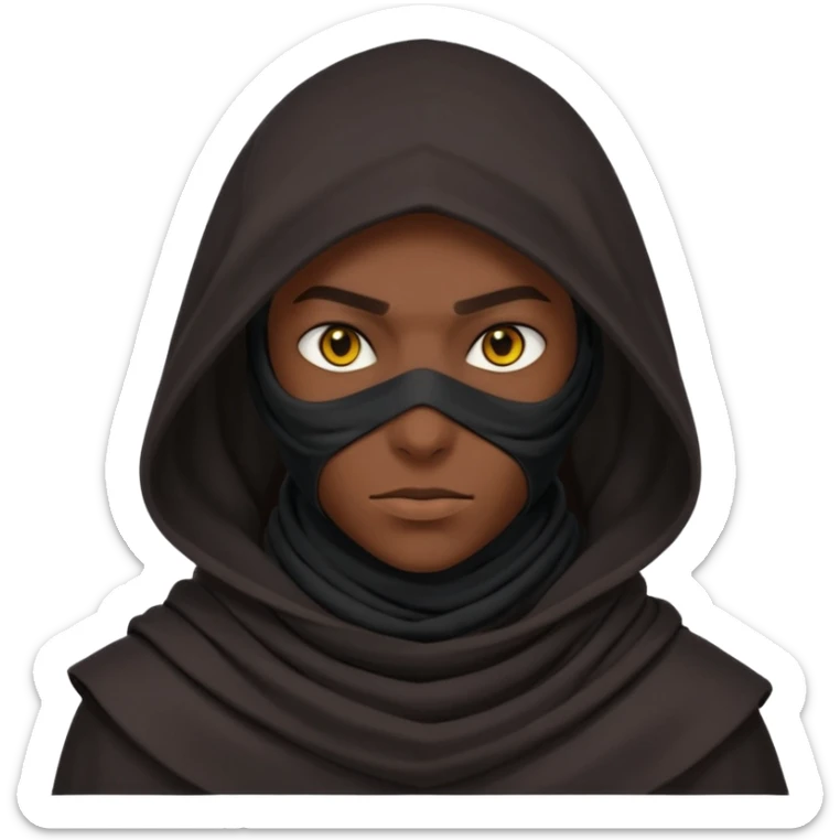 desert assassin portrait, head and shoulders only, dark hood, face scarf, mysterious glowing eyes, stealth vibe, 3D cartoon, mobile game icon style, clean background, no text, no watermark
 sticker