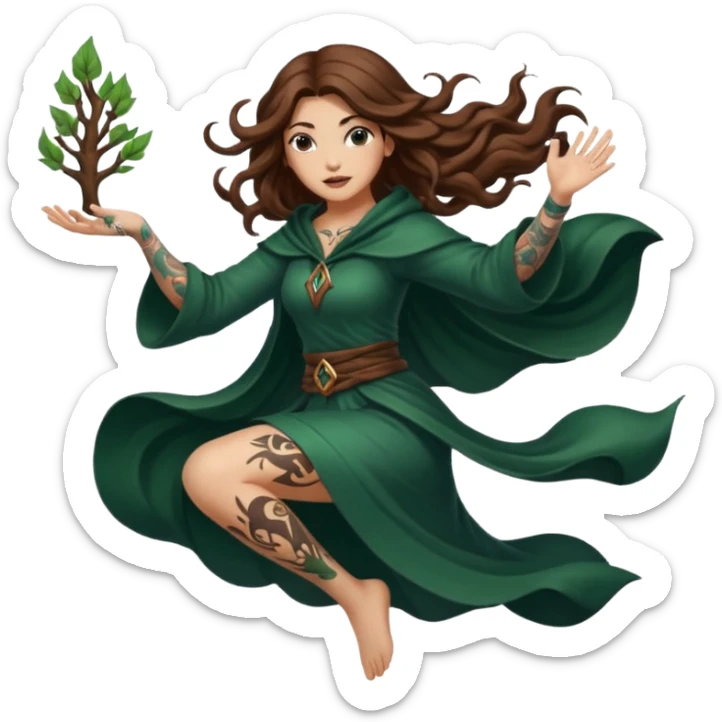 forest mage woman long wavy brown hair tattoos drawing symbol mid-air sticker