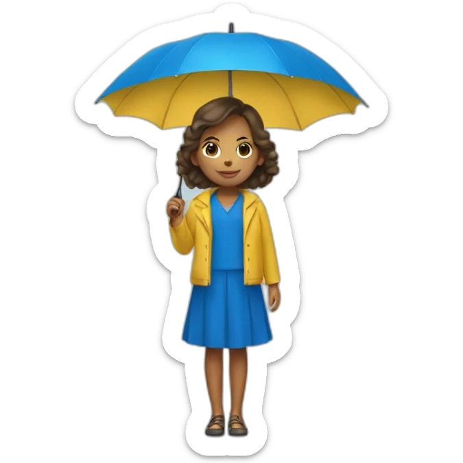 a girl in a yellow dress with a blue umbrella sticker