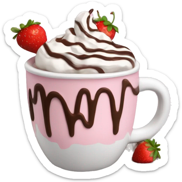 hot chocolate with mug and whip cream and chocolate drizzle and pale pink strawberry sticker