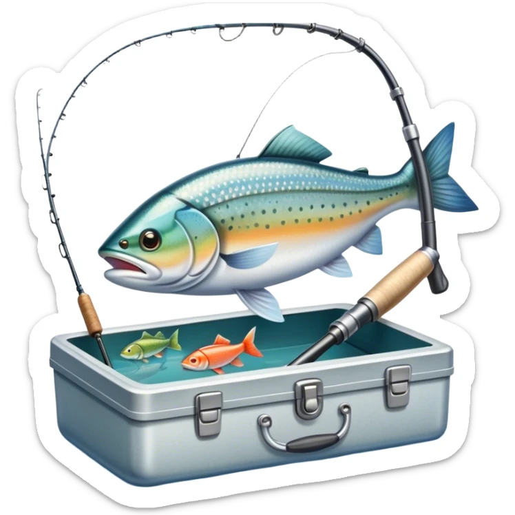 Icon for Fishing: a fishing rod with a line in the water, a tackle box, a fish on the hook, and a peaceful lake or river background. The icon should capture the calm and skill of fishing. Transparent background. sticker