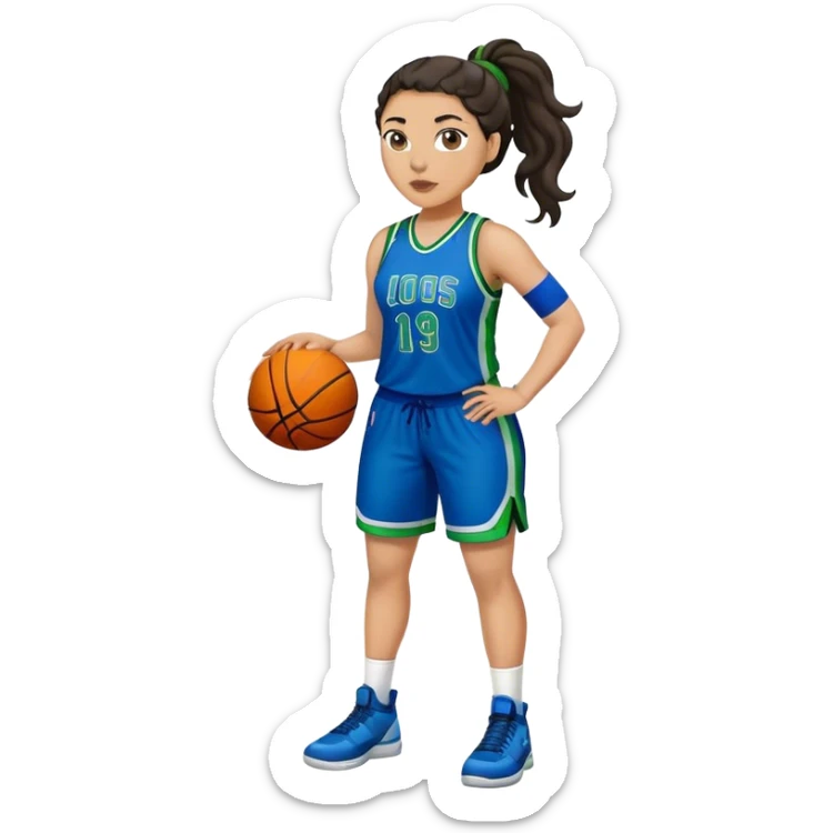 full body plus size light skin latino women basketball player with wavy dark hair in pony tail wide nose wearing blue uniform with green accent sticker