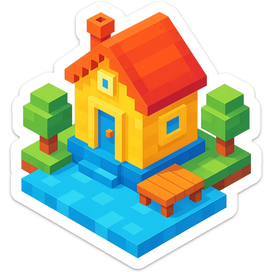 a house on a lake in voxel style sticker