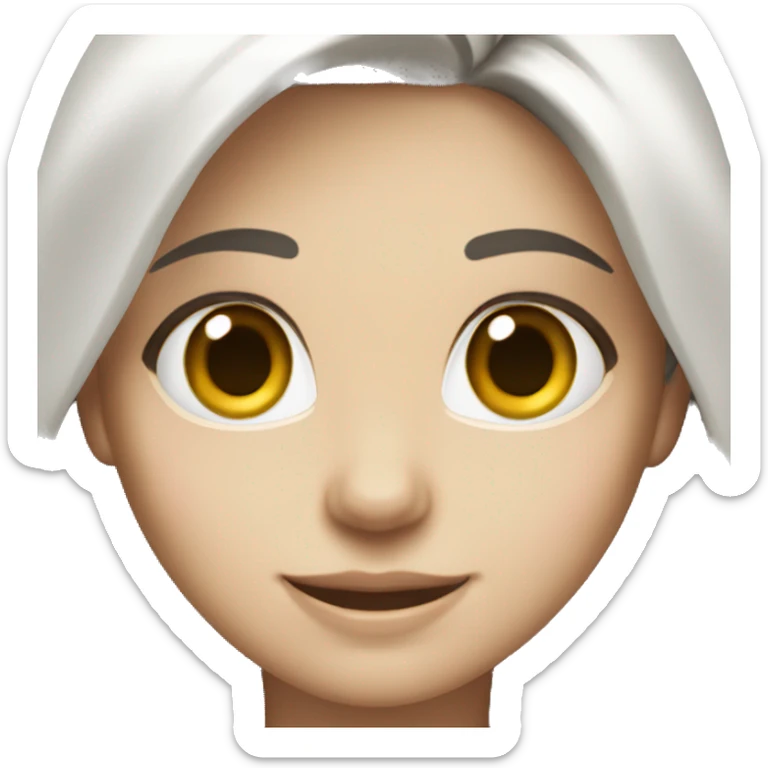 A woman with long dark hair, hazel eyes, and white skin. Her smiing and with a white shirt sticker