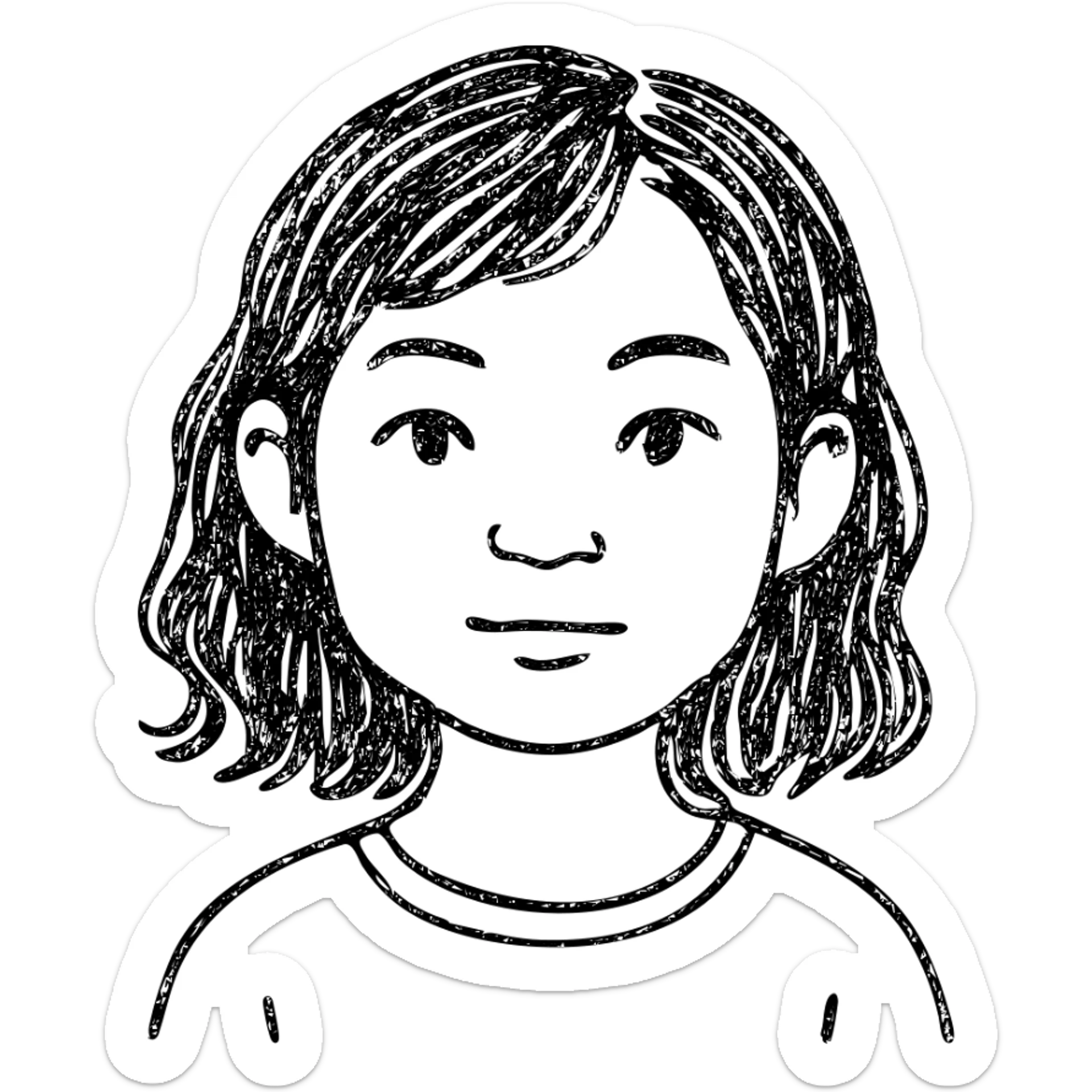 portrait of an Asian girl with medium brown wavy hair and brown eyes, paler skin tone, hand drawn outlined style sticker