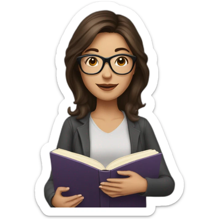 woman with glasses and medium length brunette hair halding a book sticker