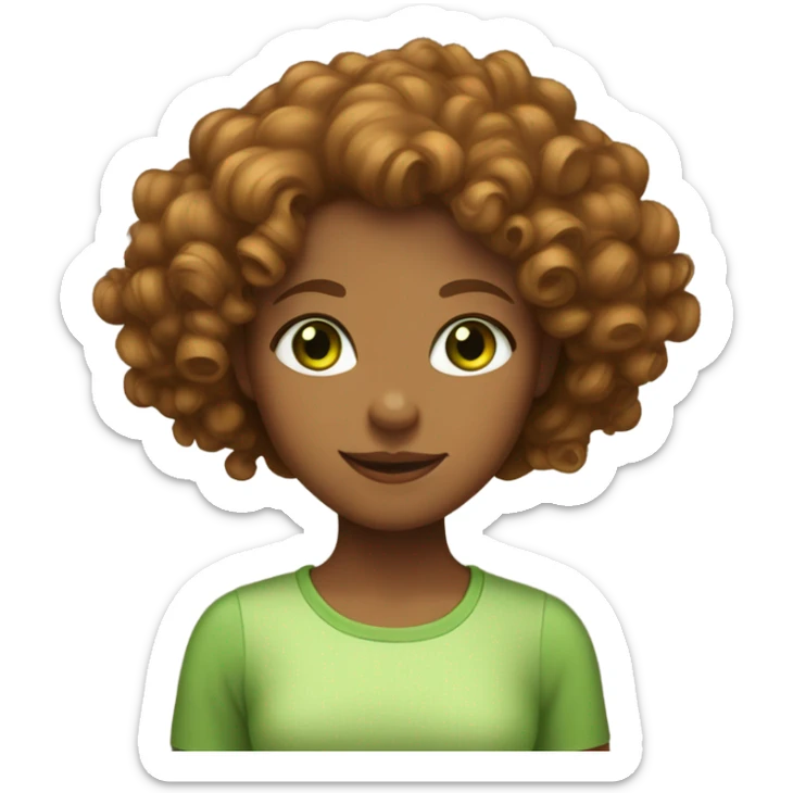 A girl with a square shaped face, tan skin, green eyes, curly hazelnut hair  sticker
