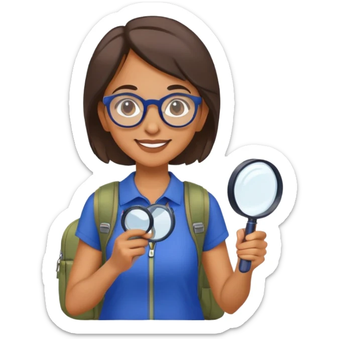 Happy woman hiker with glasses in vibrant dark blue and white outfit, backpack, holding magnifying glass sticker