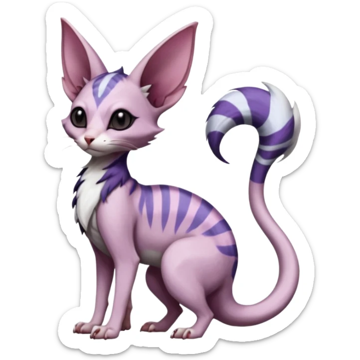 scaly, Purple, white, black, Minccino-Sphynx-Lykoi-Linoone-Zangoose-fusion-hybrid-animal-Fakémon-creature, full body, thin long sleek scaly tail, intricate markings sticker