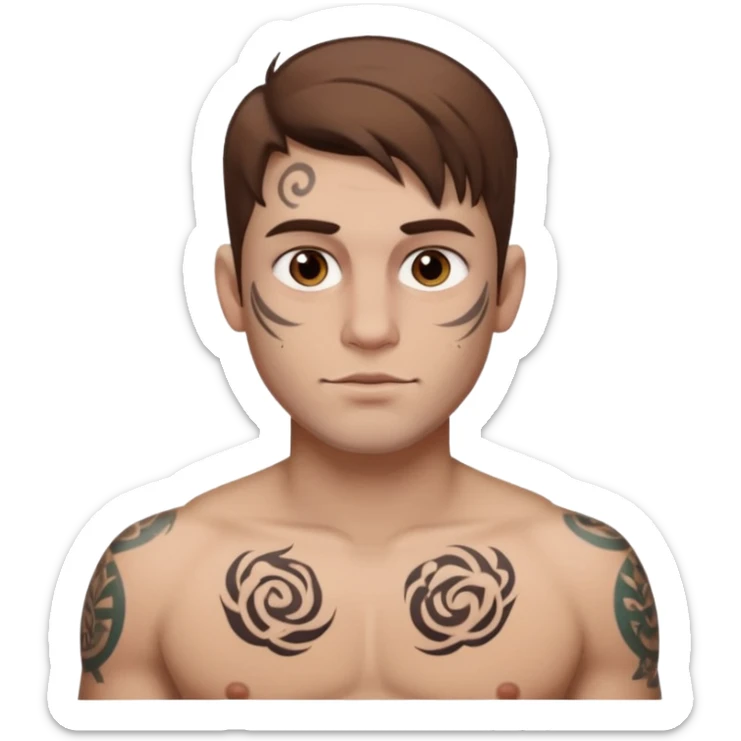 tattoo man, fair white skintone,brown hair, tattoos on face, more visible, bulky man with tattos on his chest. sticker