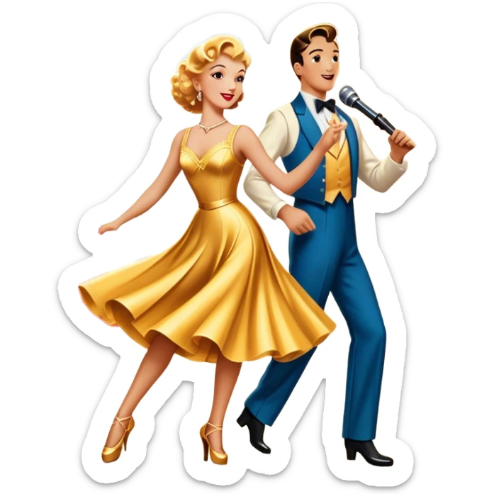 Vintage movie poster-style icon for a musical film. The cityscape glows in the background, evoking the golden era of musicals. A vibrant street scene with bright lights, dancers mid-step, a singer with a microphone. Transparent background. sticker