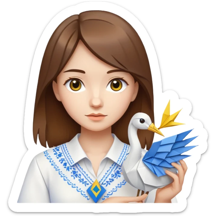 Ukrainian young girl with brown hair wearing a white embroidered shirt holds an origami yellow-blue crane sticker