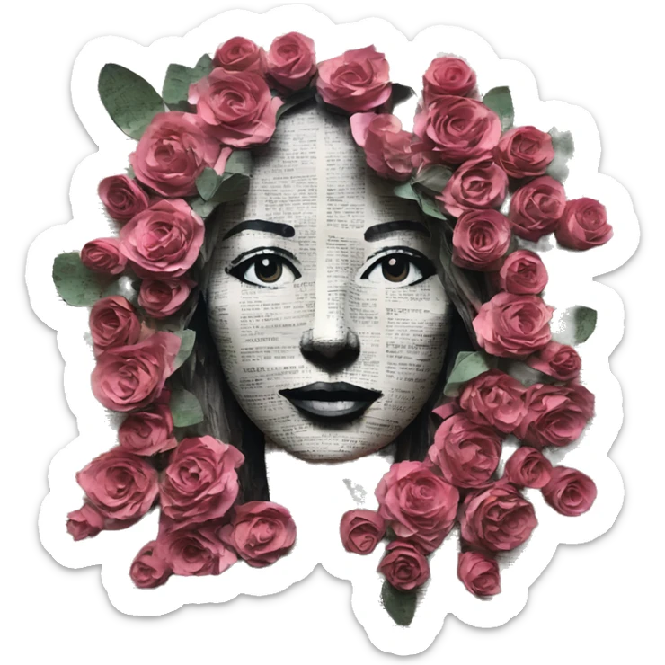 Person face portrait made entirely of newspaper cuttings and roses sticker