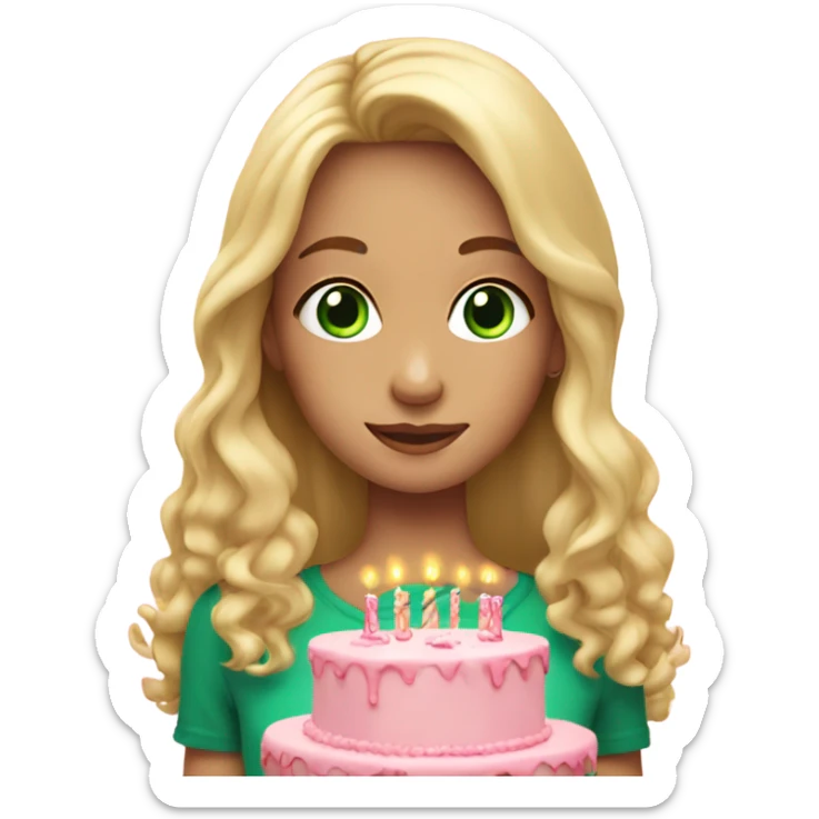Blonde girl with long hair, green eyes in hands a pink Birthday cake sticker