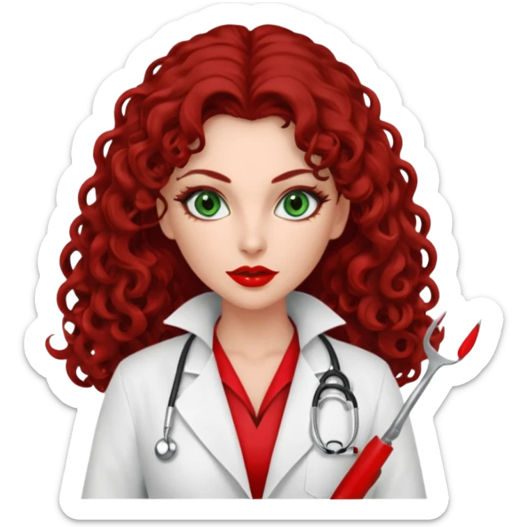 Lilith symbol seductress evil woman. She has green eyes.  had brown long curly hair.  evil surgeon kills with scalpel wears red sexy doctor coat with red mouth cover sticker