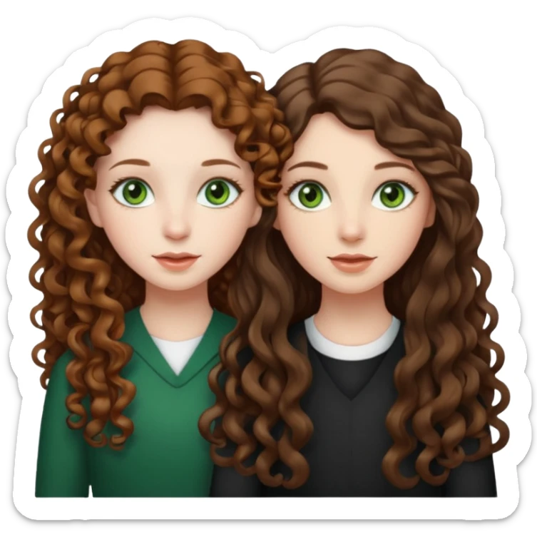 Two sisters, one have curly long brown hair, green eyes and pale skin. The other sister one have straight long brown hair, brown eyes and olive skin sticker