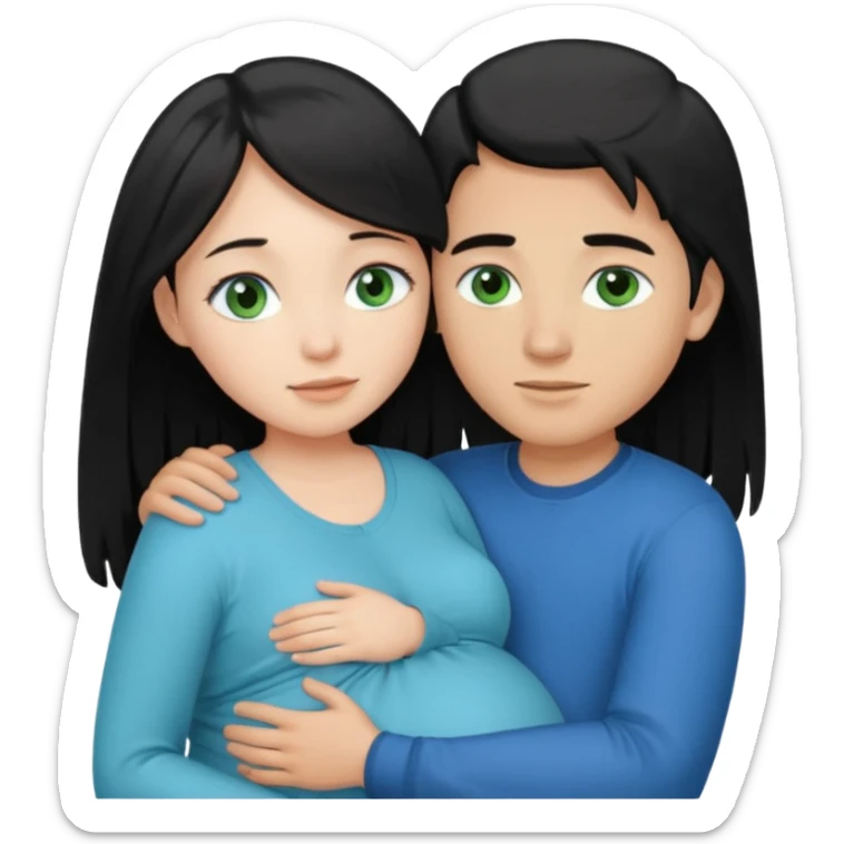 Make a couple hugging the girl is white with long black hair with blue eyes. The girl is hugging a boy with light brown short hair with green eyes. The boz is pregnant  sticker