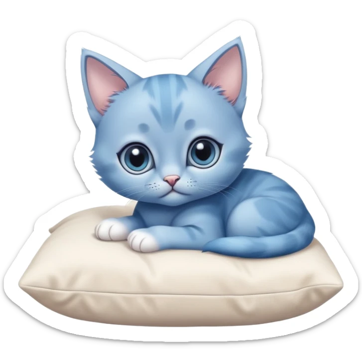The head of a blue kitten with large eyes, resting on its big paws. The paws are placed on a pillow. Minimalist design with no detailed features, focusing on the kitten's adorable face and large paws sticker