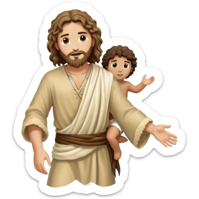 wavy hair John the Baptist, animal skin clothes, meets same age Jesus in the water, they have clothes on sticker