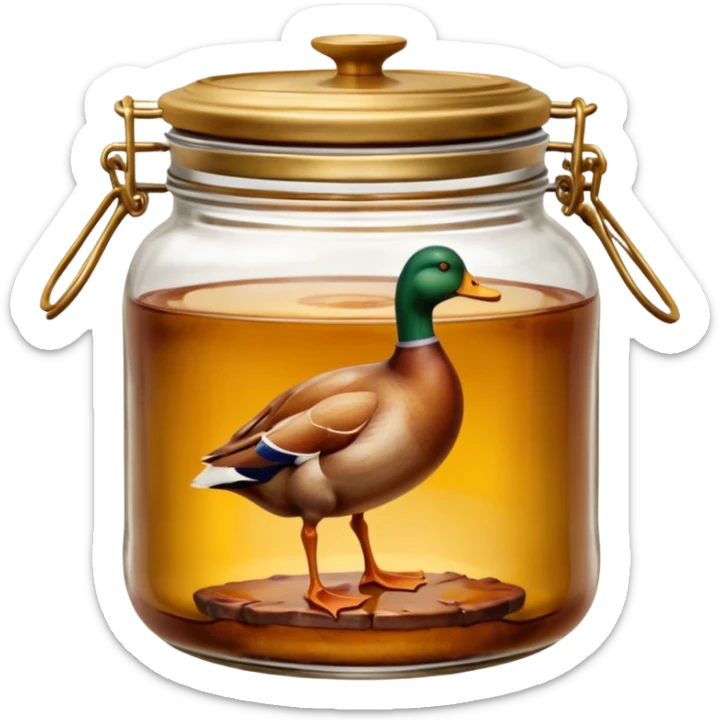 confit de canard in a clear glass jar with 1 or 2 duck legs in golden duck fat, cooked meat with golden skin visible, rustic jar with wide mouth and metal or glass lid, smooth semi-opaque fat, clean 3D look, soft lighting, no labels, no faces, emoji scale sticker