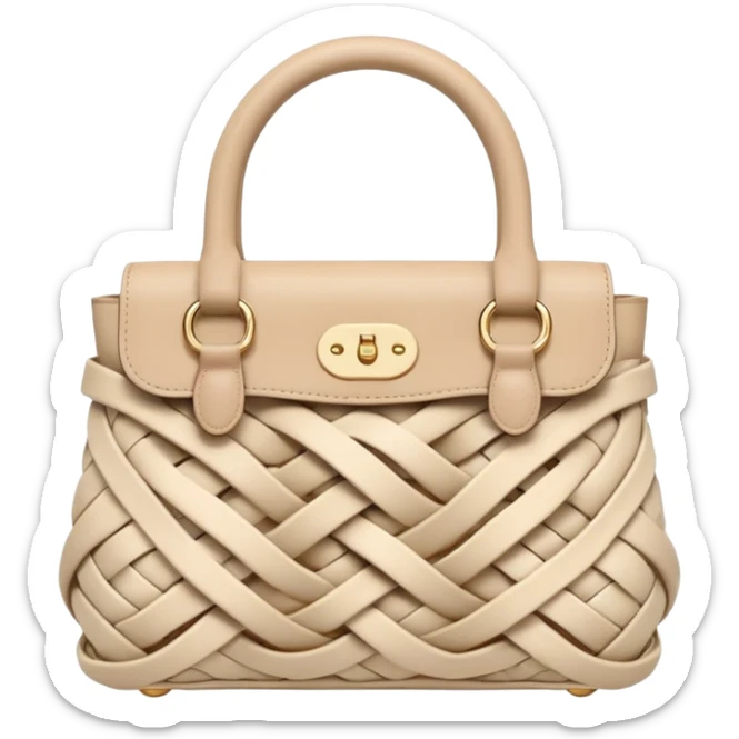 A 3D cartoon woven handbag with interlaced fiber details, neutral tones, Memoji-style realism. sticker