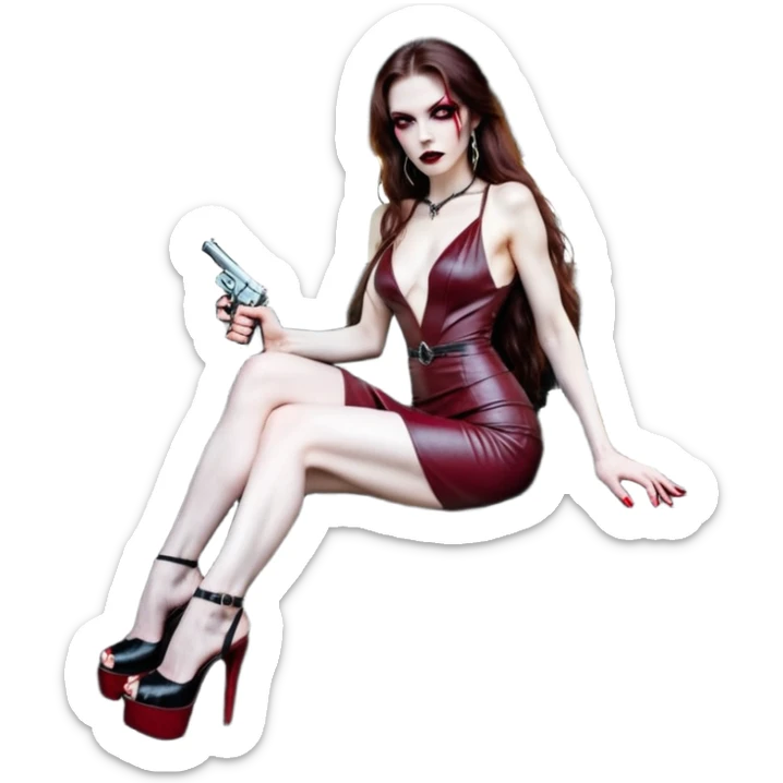 Lilith red eye seductress evil long brown haired sexy succubus woman with leather long dress with slit on, sitting in Big Large F350 pickup truck. Wearing super tall black platform high heels, Back seat full of stacks of cash, she is  Holding a human skull of her enemies and a gun in other hand sticker