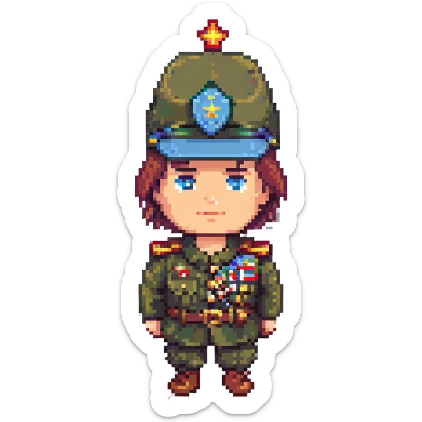 8-bit pixel art of a Turkish general resembling Kenan Evren, military hat, medals, retro video game style sticker
