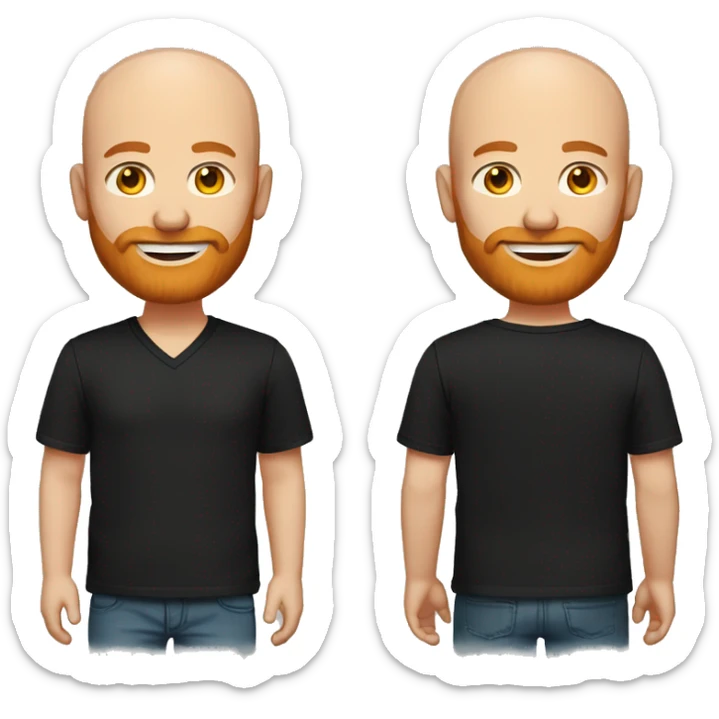 A Bald man with blue eyes and a ginger beard, wearing a black v-neck t-shirt. with a warm and welcome round face sticker