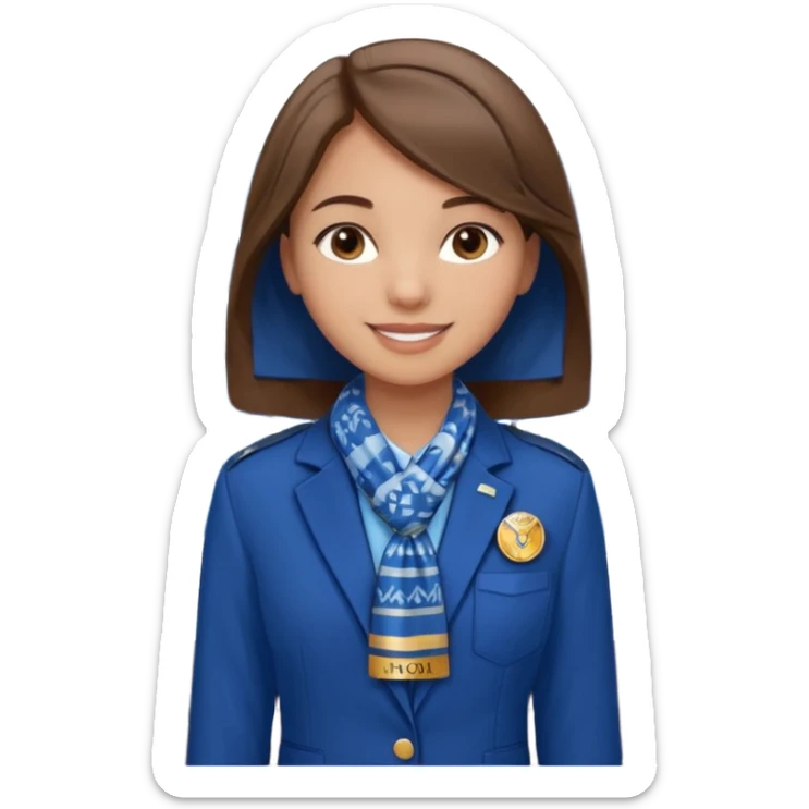 Young girl, straight hair, wearing uniform jacket with hotel name badge, tasteful scarf, stand behind the desk

 sticker